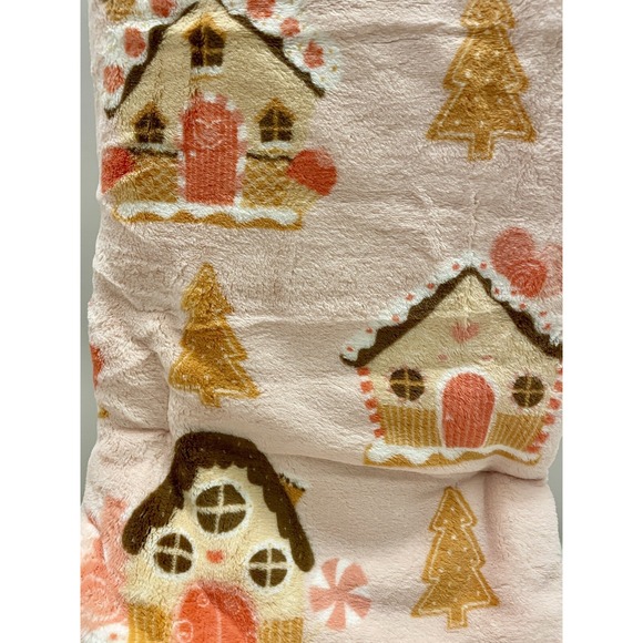 Love and Warmth Pink Gingerbread Holiday House CHRISTMAS Throw Blanket - Picture 1 of 6